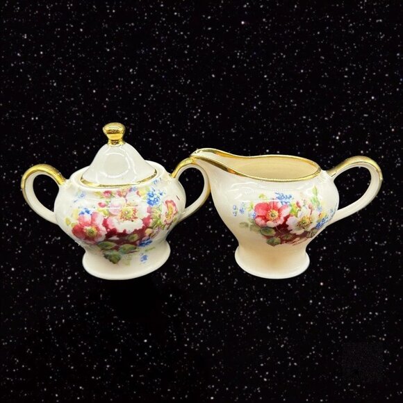 Antique Creamer Sugar Bowl Set Hand Painted 22K Gold Floral Signed Porcelain Set - Picture 1 of 14